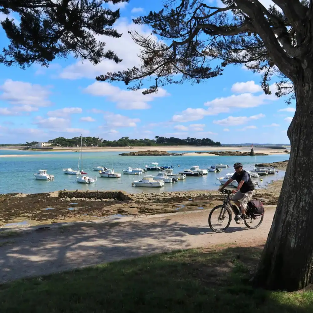 Cyclistes longeant un port aux eaux turquoise