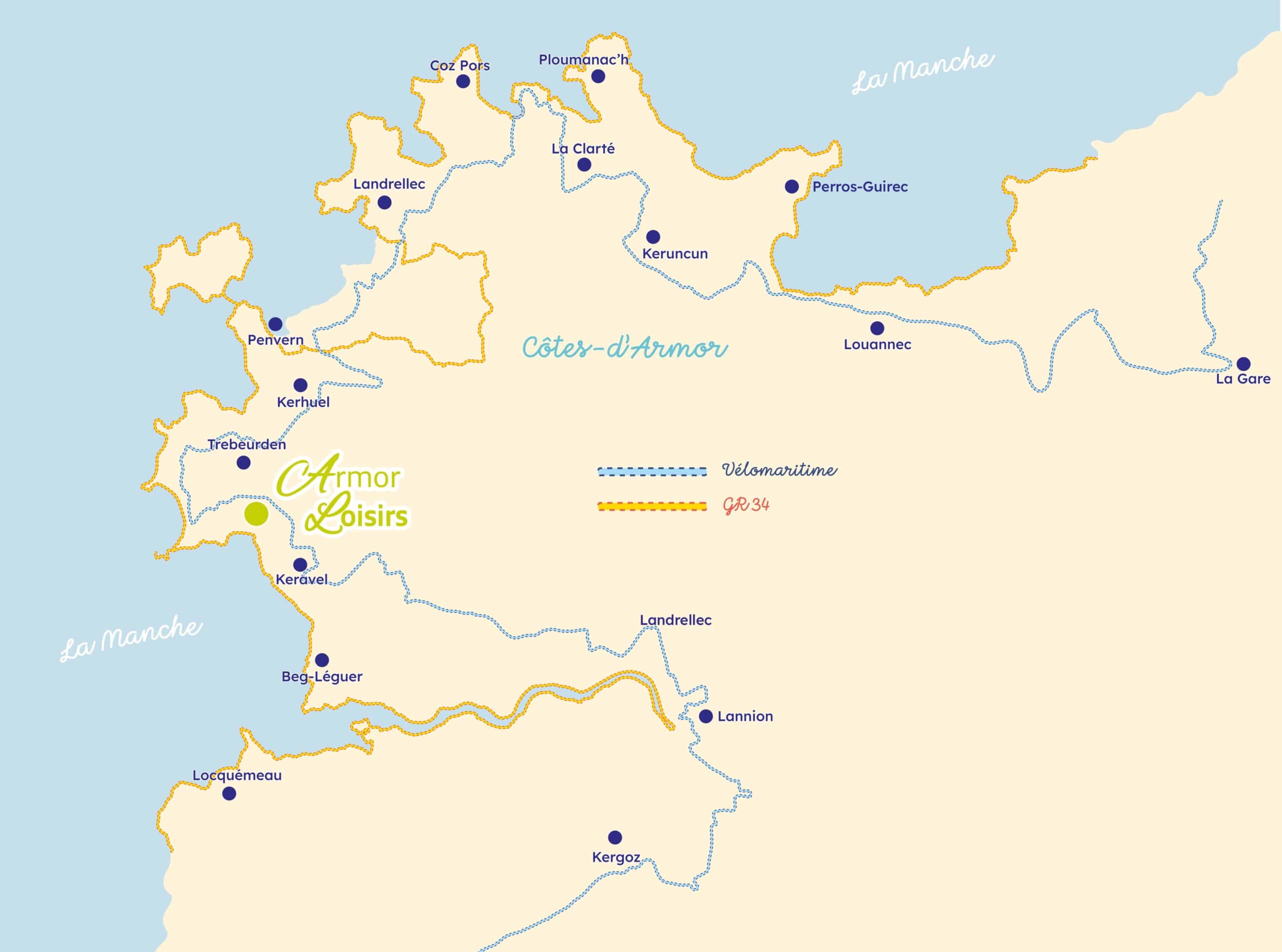 Carte des Côtes-d’Armor et itinéraires côtiers