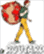 An animated character wearing a vibrant red and yellow outfit